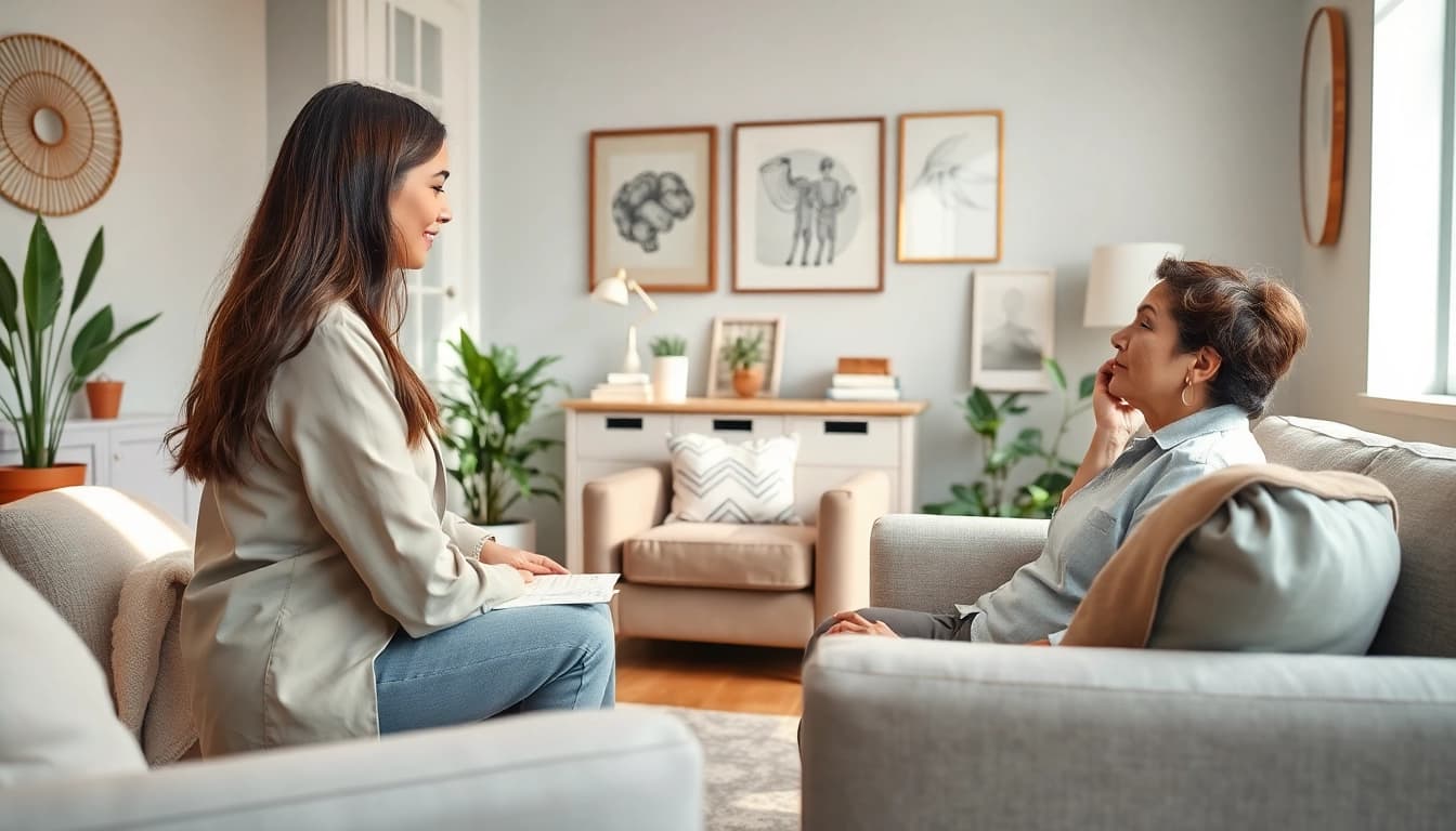 Therapist guiding a client to address stress and anxiety in a calming office setting.