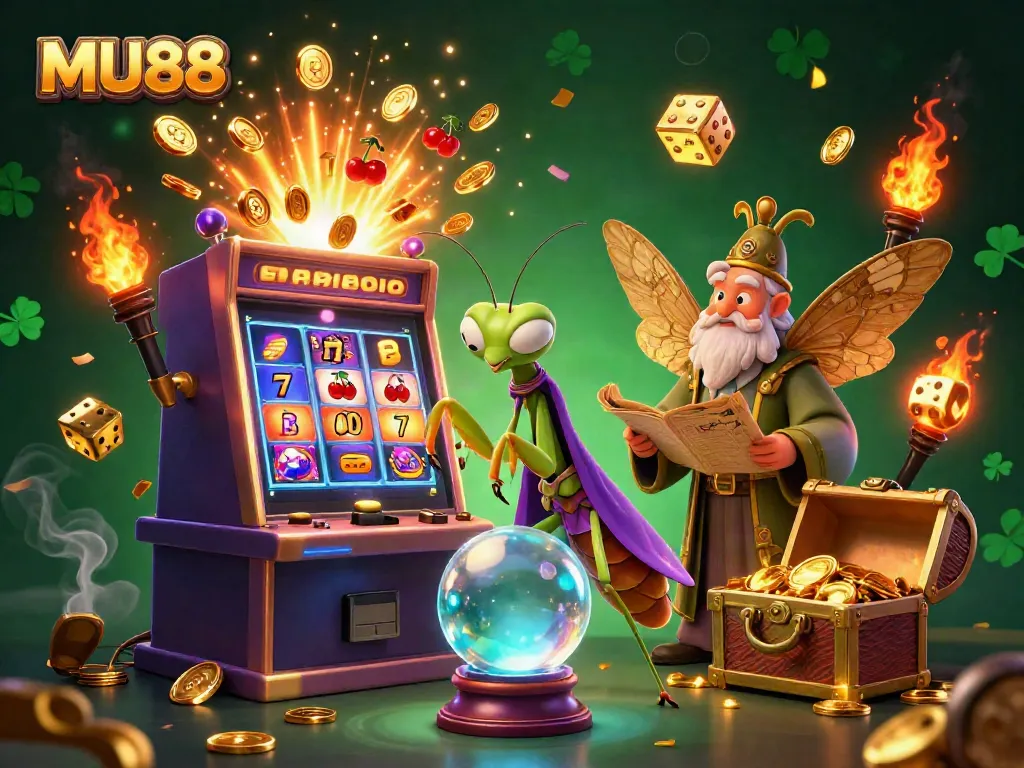 Engage with MU88's exciting gaming world, featuring vibrant casino elements and mystical characters.
