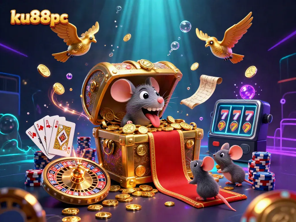 Engage with the magical treasures of ku88pc in this vibrant 3D casino scene, filled with sparkling coins and playful characters.
