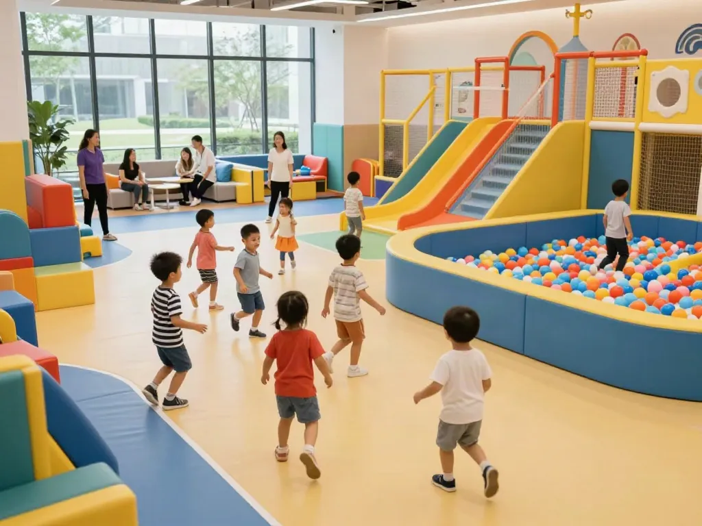 Children having fun at rokok88 indoor playground with safe play zones.