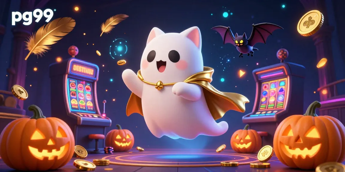 Experience the thrill of pg99 in this vibrant haunted casino scene with a friendly ghost cat and glowing jack-o-lanterns.