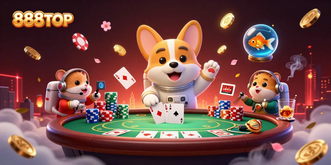 Experience thrilling action at 888TOP with astronaut corgi and casino elements in a vibrant scene.