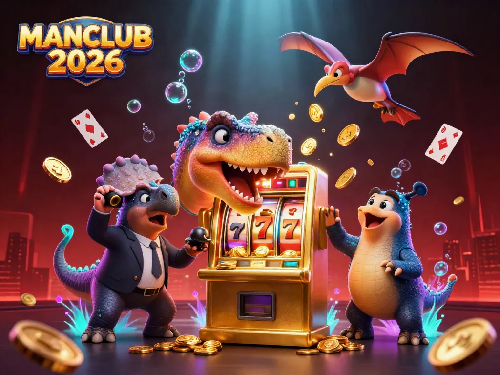 Experience the thrill of MANCLUB 2026 as cartoon dinosaurs celebrate a jackpot in a vibrant casino scene.