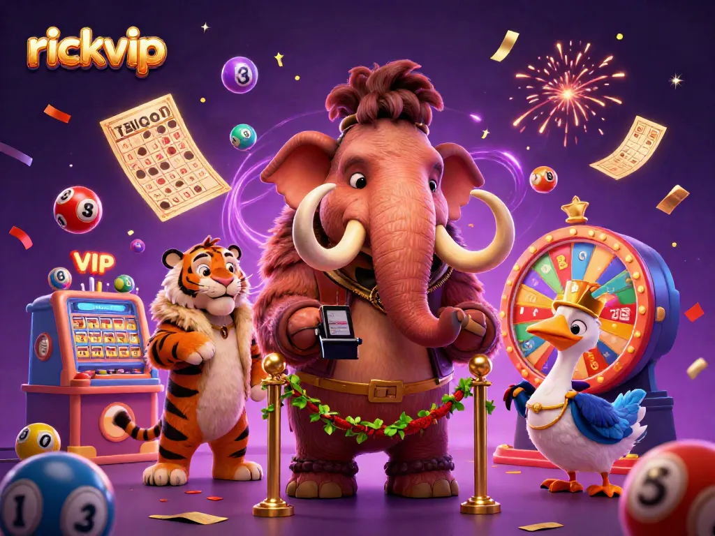 Engaging visual of rickvip casino characters welcoming players with games and colorful elements.