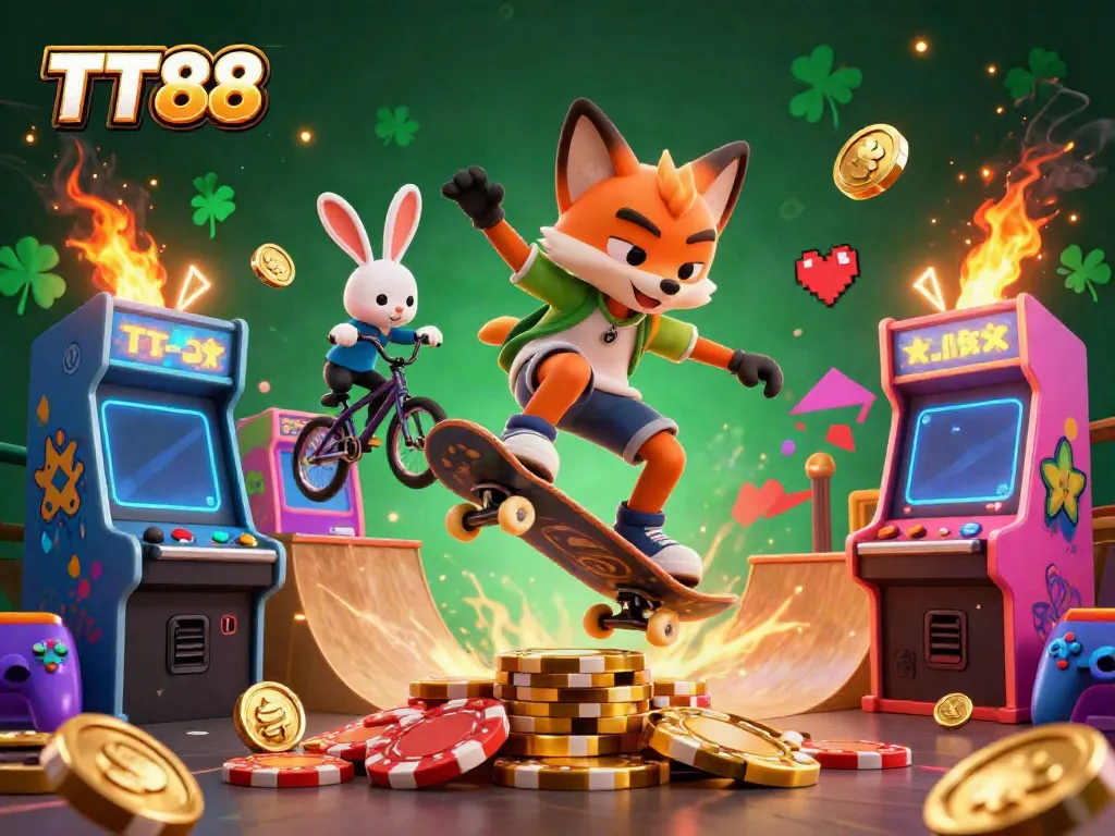 Join the thrill of TT88 with a vibrant casino scene featuring animated characters and arcade games.