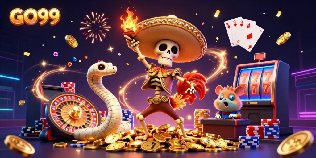 Experience excitement with GO99's vibrant 3D casino scene showcasing winning moments.