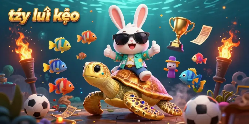 Engage with tỷ lệ kèo and sports betting strategies illustrated by a lucky rabbit and sea turtle, vibrantly surrounded by dynamic game elements.