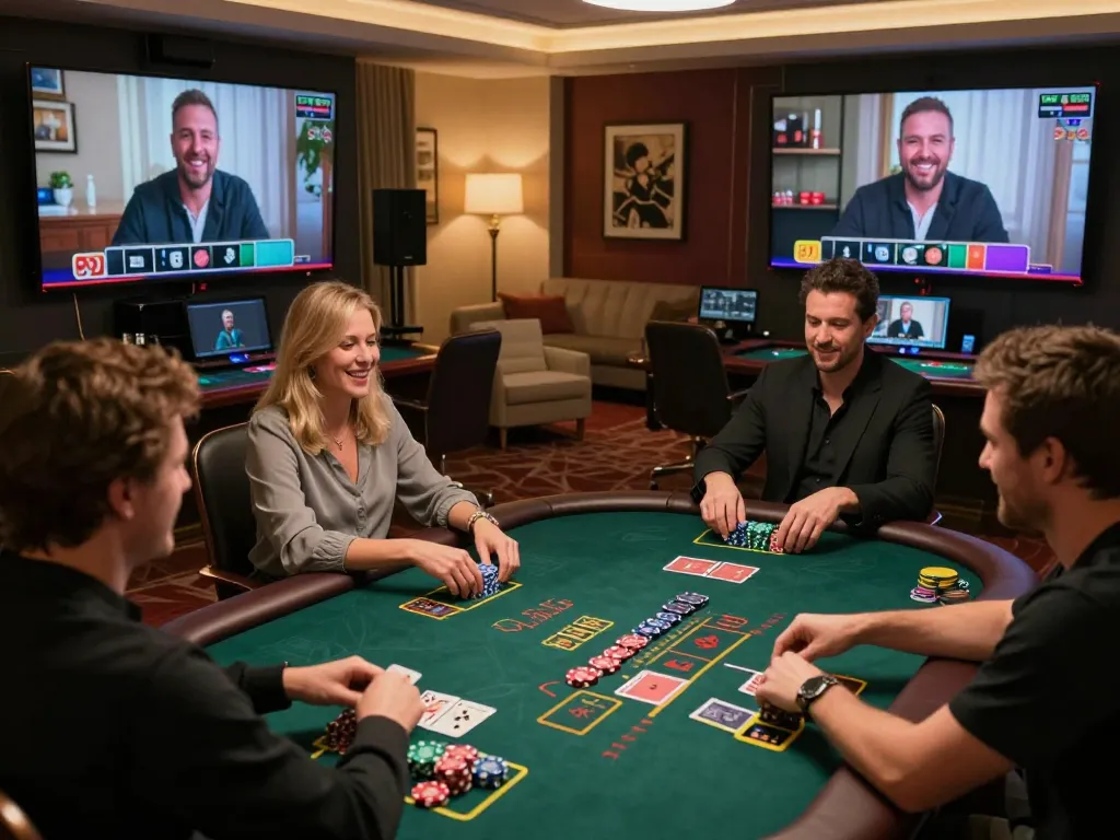va88 online players engaging in blackjack at modern casino setup, strategic bets and joyful wins.