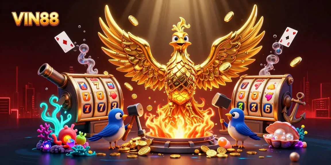 Experience the excitement of VIN88 with a molten gold phoenix, slot reels, and treasure-filled underwater scenes.