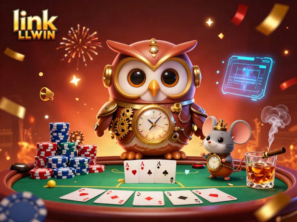 Experience the excitement at LLWIN with a lively 3D scene featuring a time-traveling owl and poker elements.
