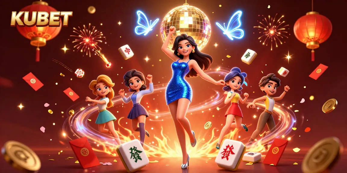 KUBET showcases an electrifying dance scene with vibrant casino elements and celebratory fireworks.