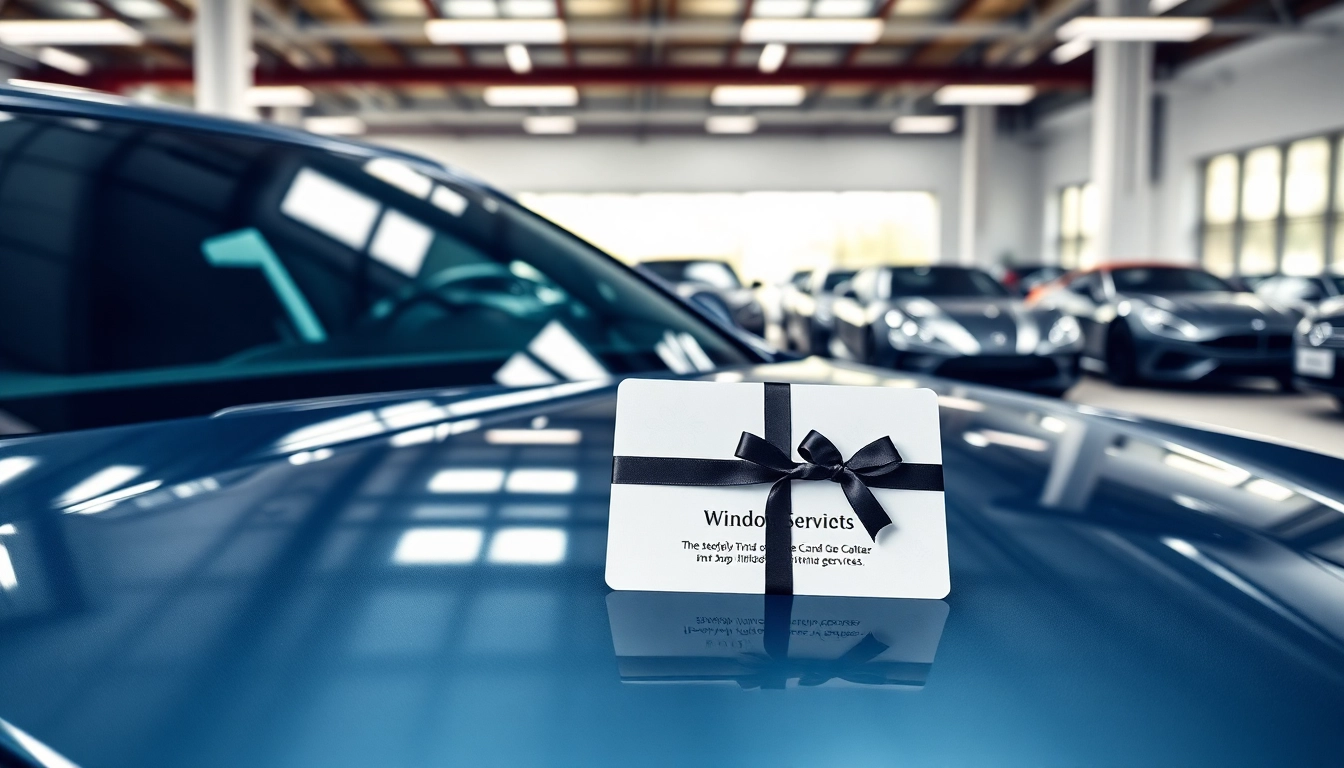 Presenting a window tint gift card alongside a stylish car in a contemporary setting.