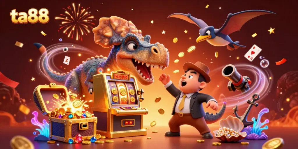 Engage with the vibrant ta88 jackpot scene featuring a dinosaur, a casino manager, and coins in motion.