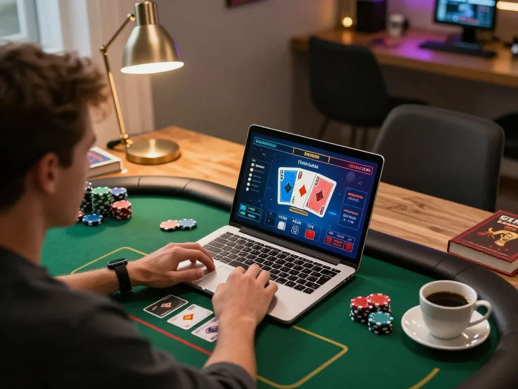 Engaged gamer at home using 33winwi for online poker, showcasing strategy and excitement in a warm atmosphere.