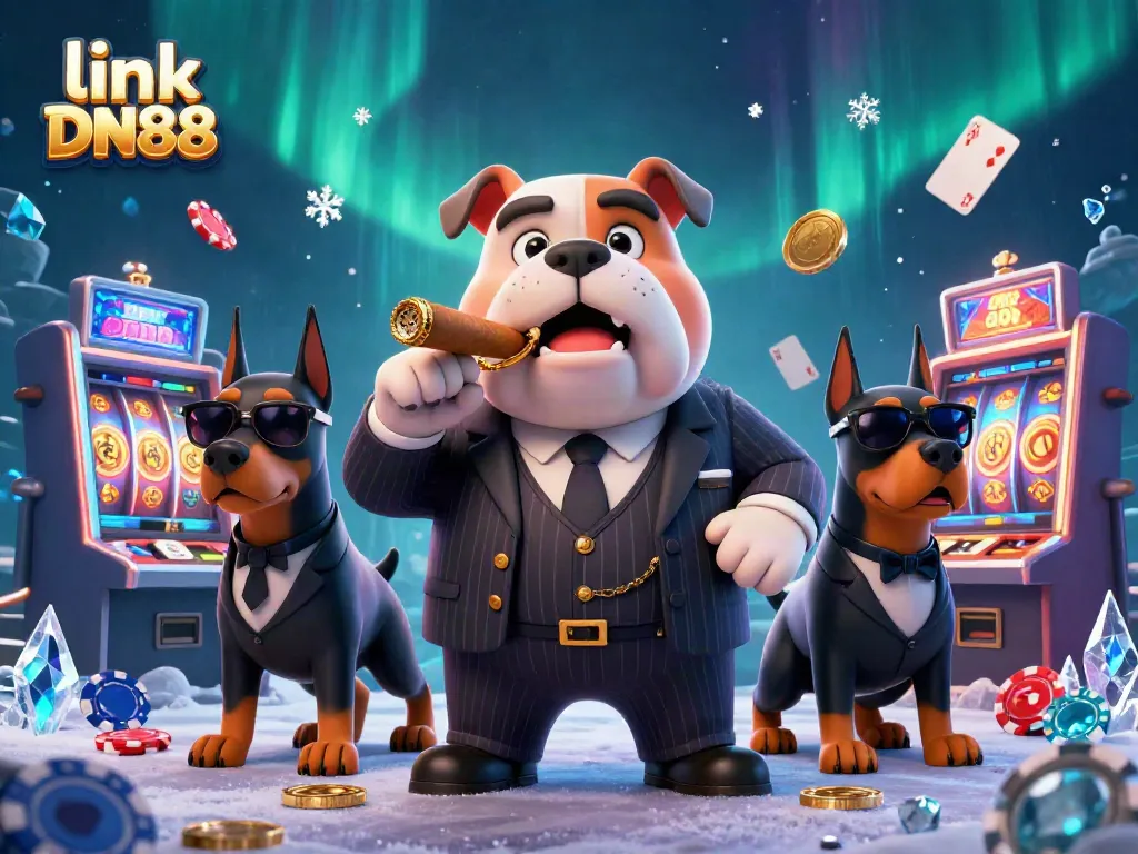 Experience thrilling casino action with link DN88, featuring a mafia boss bulldog and his bodyguards in a vibrant gaming setting.