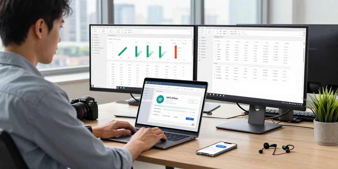 Download WPS Office in a modern workspace with dual monitors and laptop showcasing productivity tools.