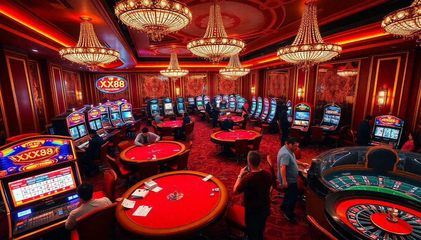 Experience the excitement of gambling at XX88 with vibrant casino tables and stunning slot machines.