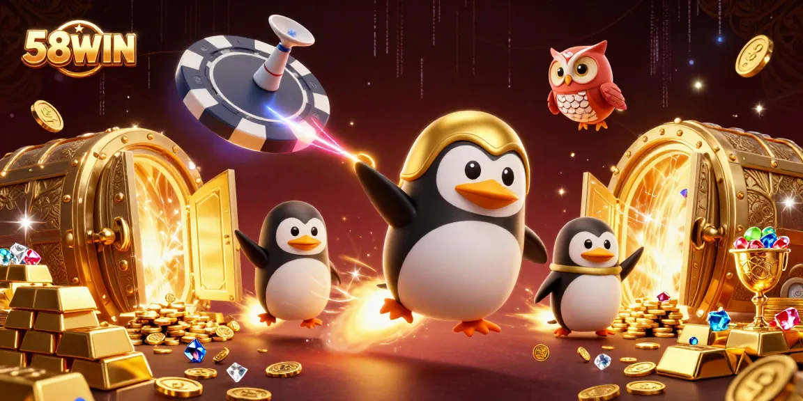 Experience thrilling gameplay at 58WIN with a cosmic adventure featuring a golden penguin and treasures.