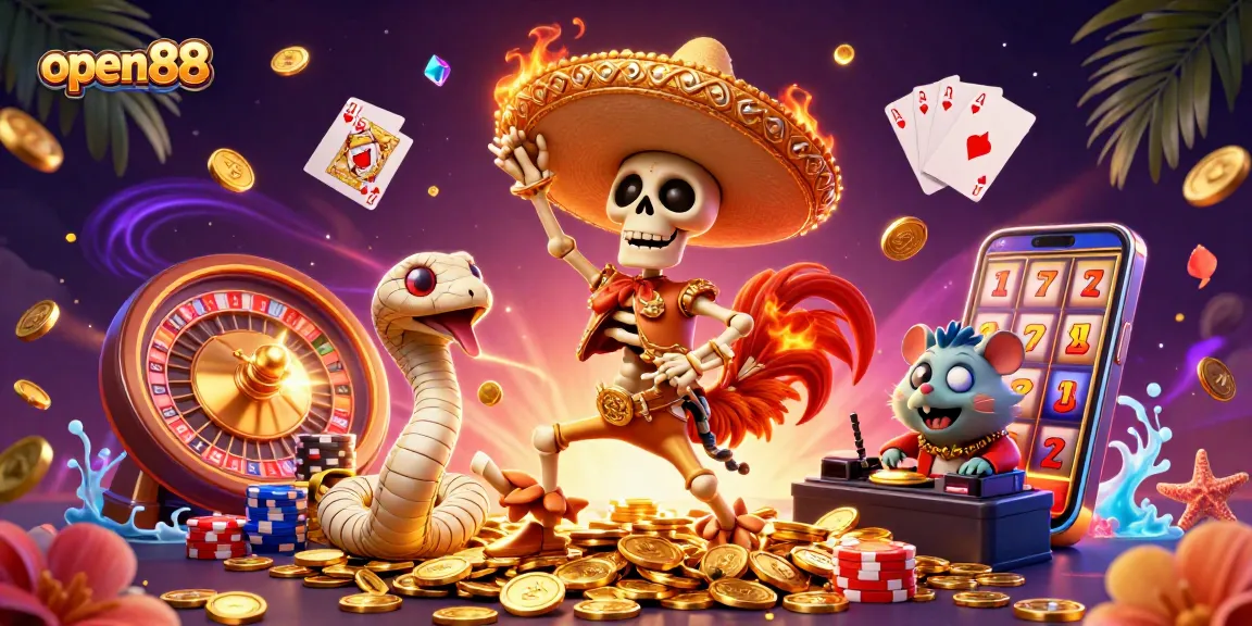 Experience the excitement of open88 with a vibrant casino scene featuring a dancing skeleton mariachi, revealing treasures, and casino games.