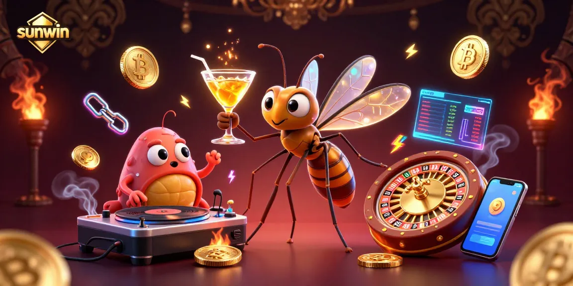 Engage in exciting casino action with sunwin, featuring a casino mascot, DJ, and a roulette wheel.