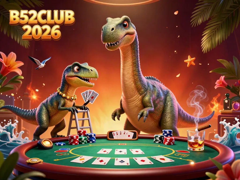 B52CLUB 2026 features an animated brontosaurus overseeing a poker game in a vibrant casino.