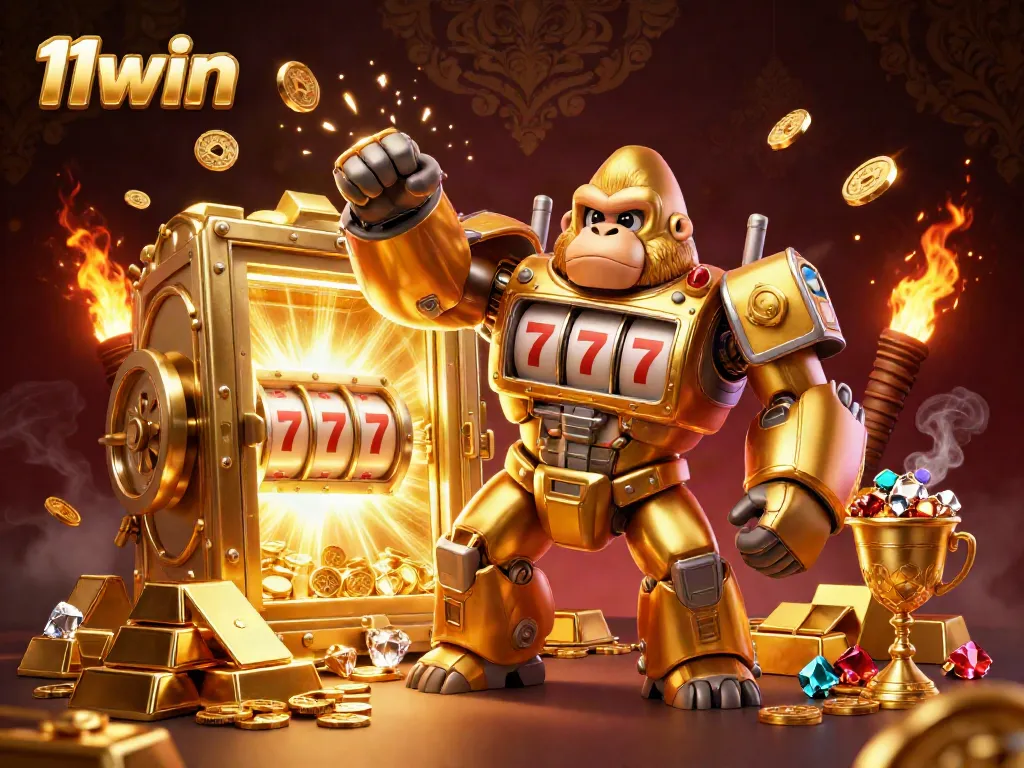 Spin to win with 11win's golden gorilla mech and treasures in this thrilling casino scene.