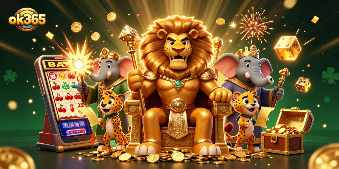 Spin to win with ok365 in this vibrant 3D casino illustration showcasing slot machines and thrilling characters.