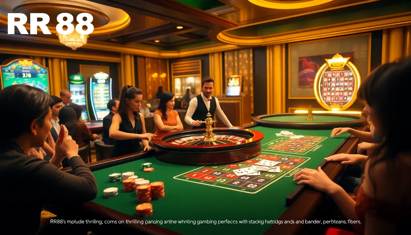 RR88 gaming scene showcasing a roulette table, excited players, and vibrant casino atmosphere.