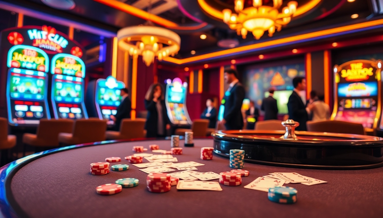 Cổng game Hitclub features an immersive casino environment with vibrant gaming tables and high-stakes poker action.