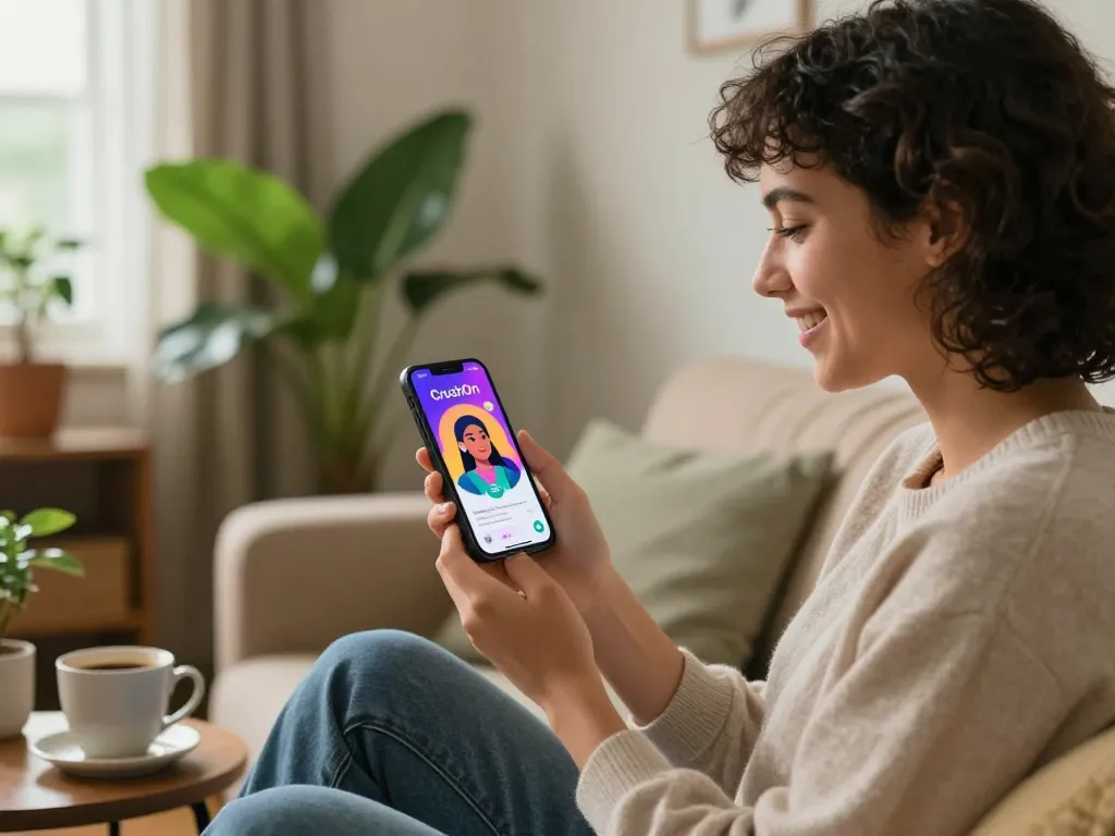 User enjoying Crushon AI chat in a cozy living room with smartphone interface.