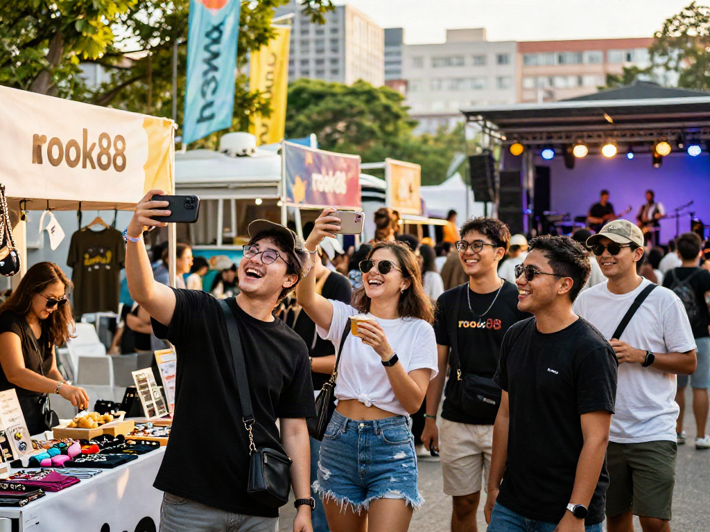Friends enjoying the rokok88 festival with merchandise, food, and music.