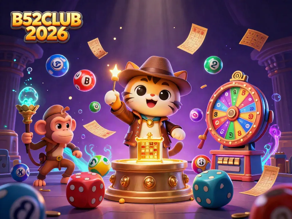 Experience thrilling gaming adventures at B52CLUB 2026 with dynamic lottery elements and an exciting treasure scene.