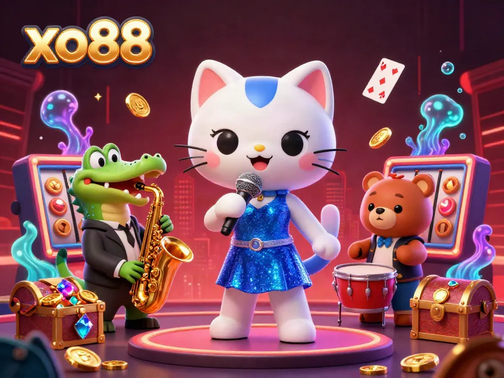 Experience thrilling gaming action with xo88 at this vibrant casino scene showcasing jazz-singer cat and friends.