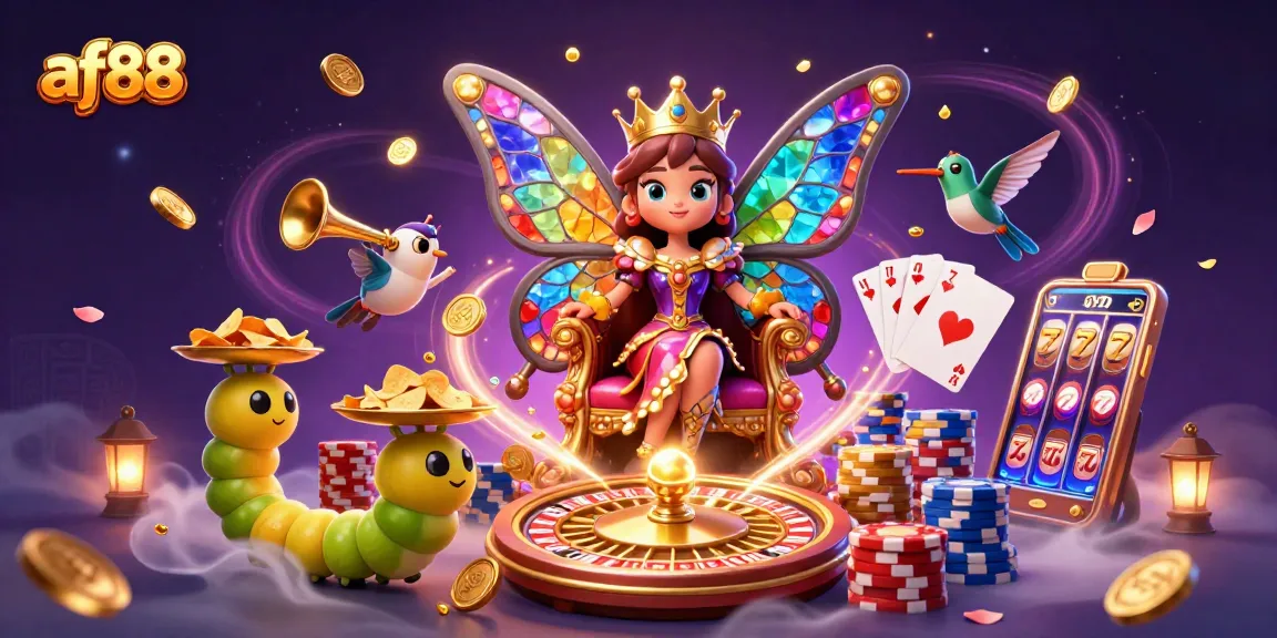Experience winning at af88 with vibrant casino elements featuring a butterfly queen and golden chips.