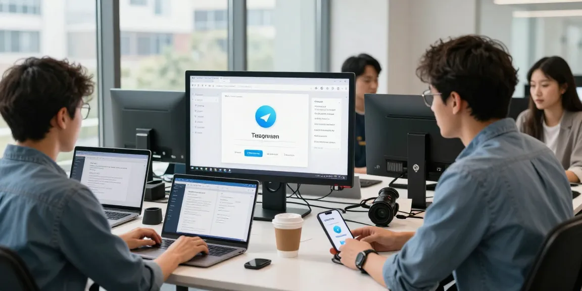 Download Telegram on multiple devices in a collaborative tech workspace with a team discussing user experience improvements.