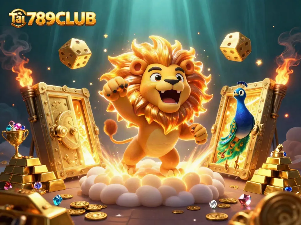 Experience thrilling gameplay by Tải 789CLUB, illustrated with a vibrant sun lion and game elements.
