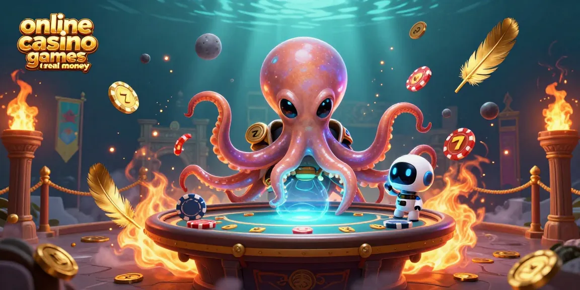Engage with online casino games for real money featuring an alien octopus at a poker table.