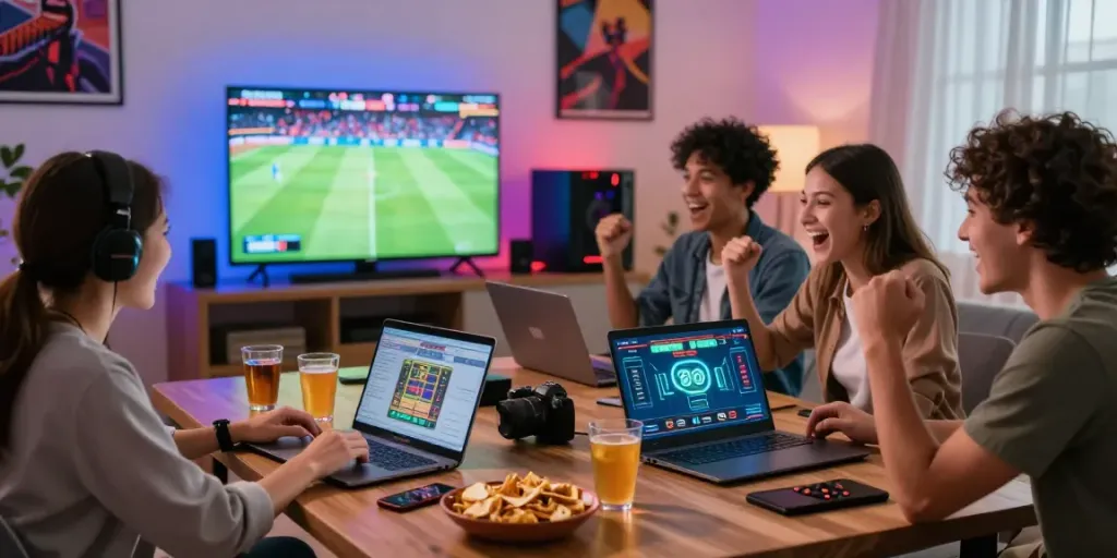 Engaging online betting scene at https://man88.hair/ with friends cheering and laptops open.