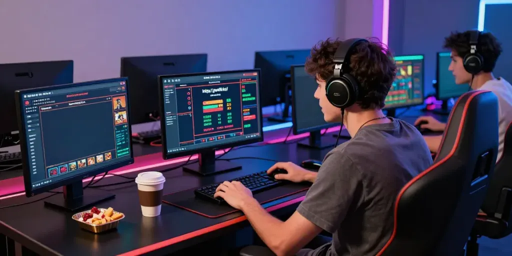 Online gaming enthusiast at https://gem88.bz/ surrounded by multiple screens, showcasing live casino and sports betting.