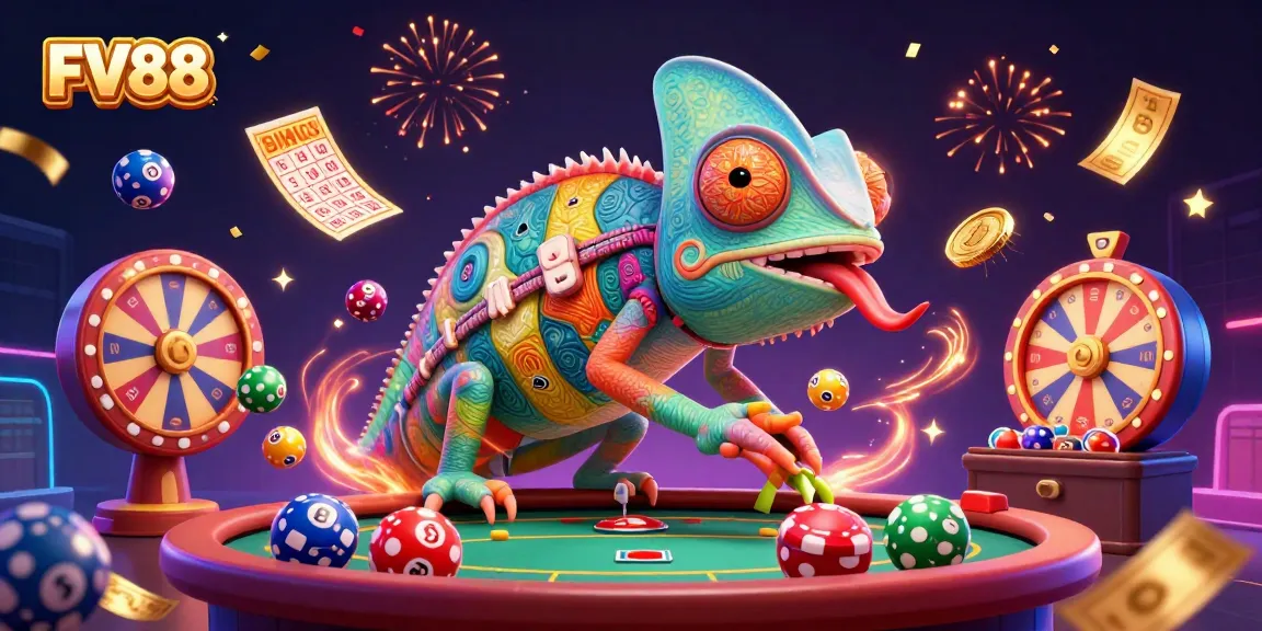 Players winning at the FV88 casino surrounded by colorful lottery balls and golden tickets.
