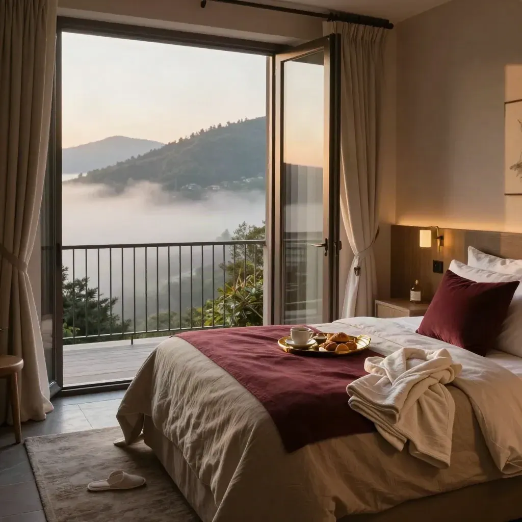 Şafak öncesi boğaz manzaralı bordo süit, açık balkon, kahvaltı tepsisi ve sisli dağ ışığı.