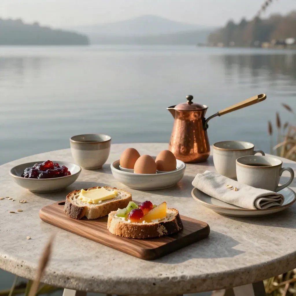 Göl kenarında ekmek, reçel, meyve, yumurta ve bakır cezveyle kahvaltı düzeni.