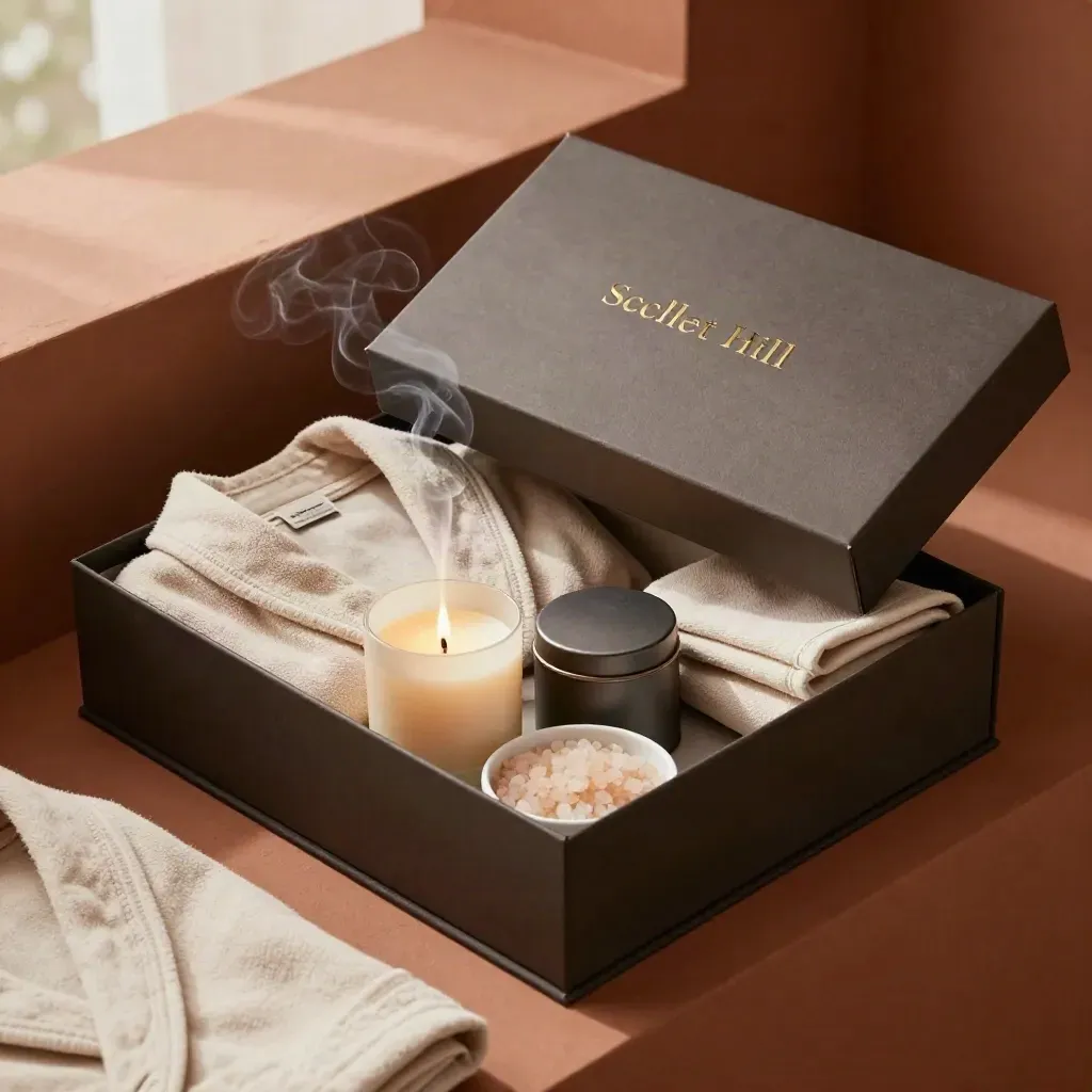 Açık hediye kutusu, bornoz, mum, çay kutusu, keten ve banyo tuzlarıyla zarif bir spa seti.