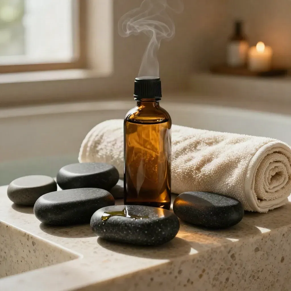 Sıcak taşlar, yağ şişesi, havlu ve seramik kâseyle spa masaj sahnesi.