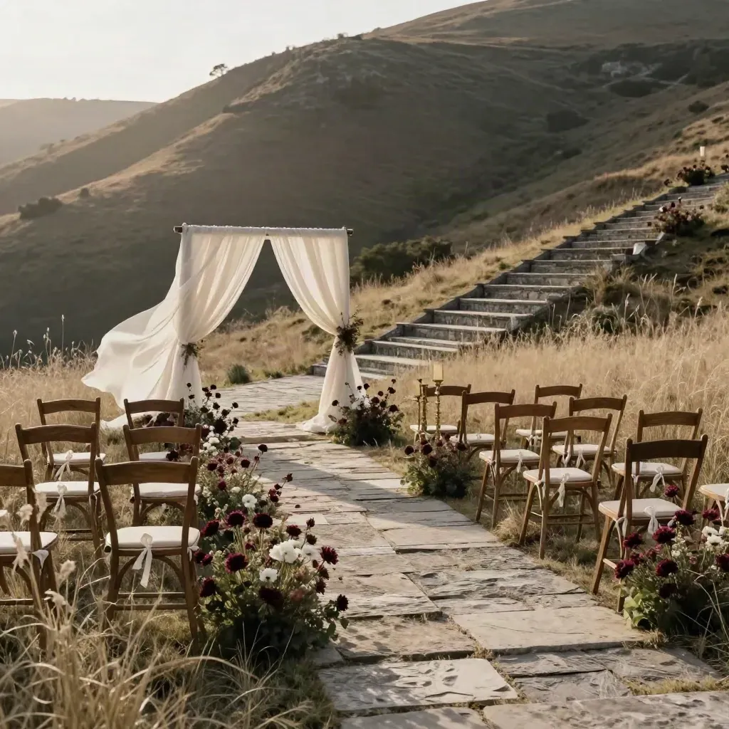 Rüzgârda tüllü kemerli kır nikah alanı, çiçekli yol, sade sandalyeler ve taş basamaklar.