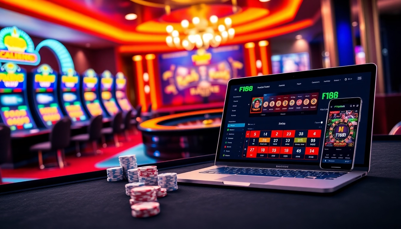Experience thrilling gaming at F168 with vibrant casino elements and online interfaces.