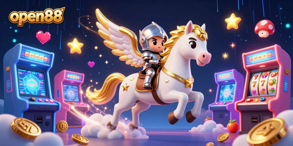 Witness the excitement of open88 as a celestial horse and knight race through a vibrant gaming world filled with slots and coins.