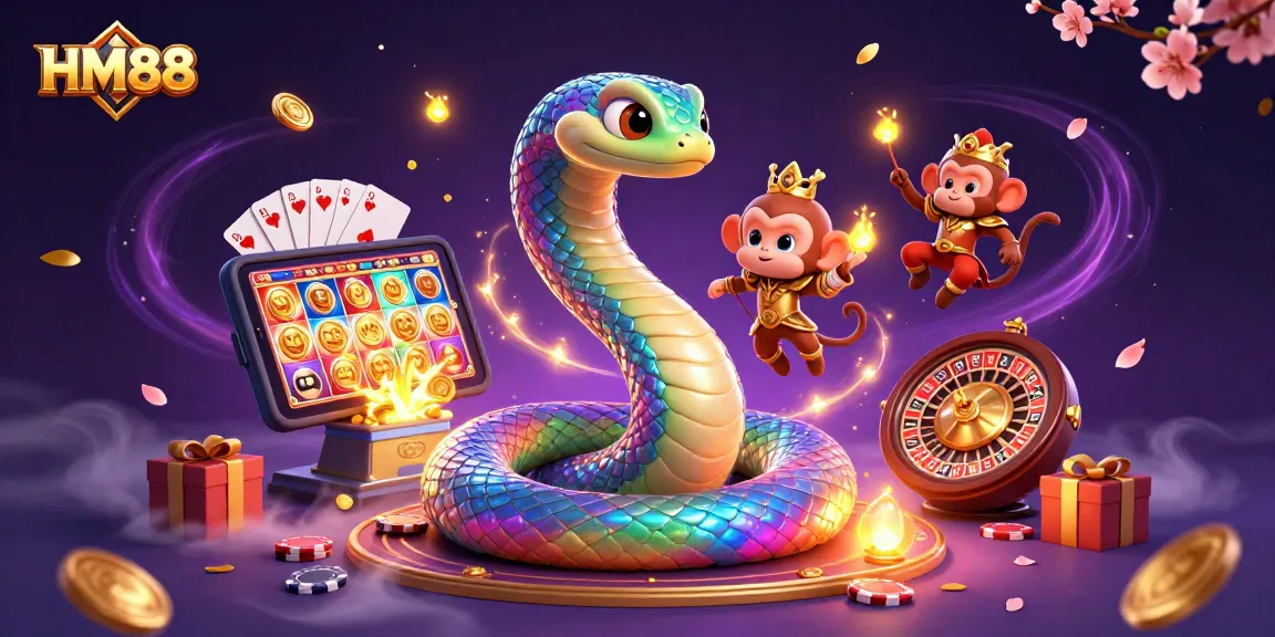Spin and win with HM88 in this vibrant casino-themed illustration featuring joyful characters and rich game elements.