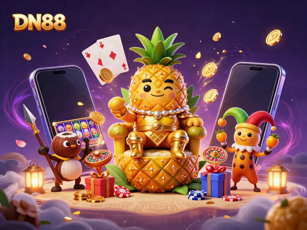 Experience fun gameplay at DN88 with a vibrant beach casino scene featuring a pineapple king and dynamic game elements.