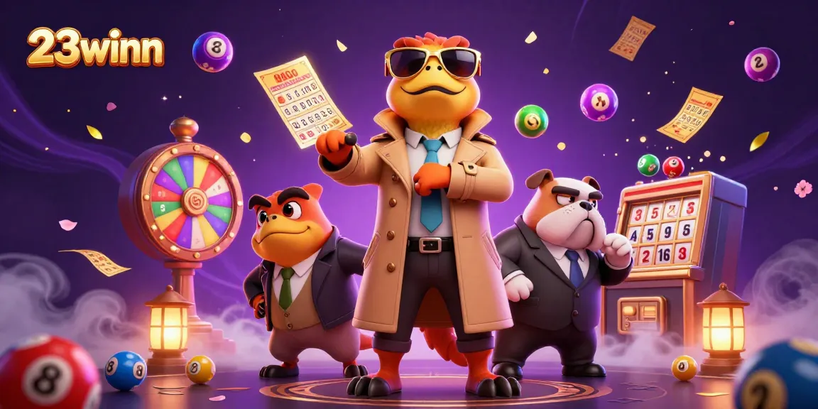 Experience the thrill of 23winn with vibrant lottery elements and raptors in a trench coat.